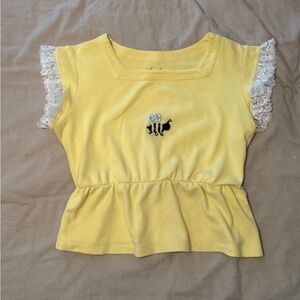 Yellow Top with Lace Sleeves and Embroidery